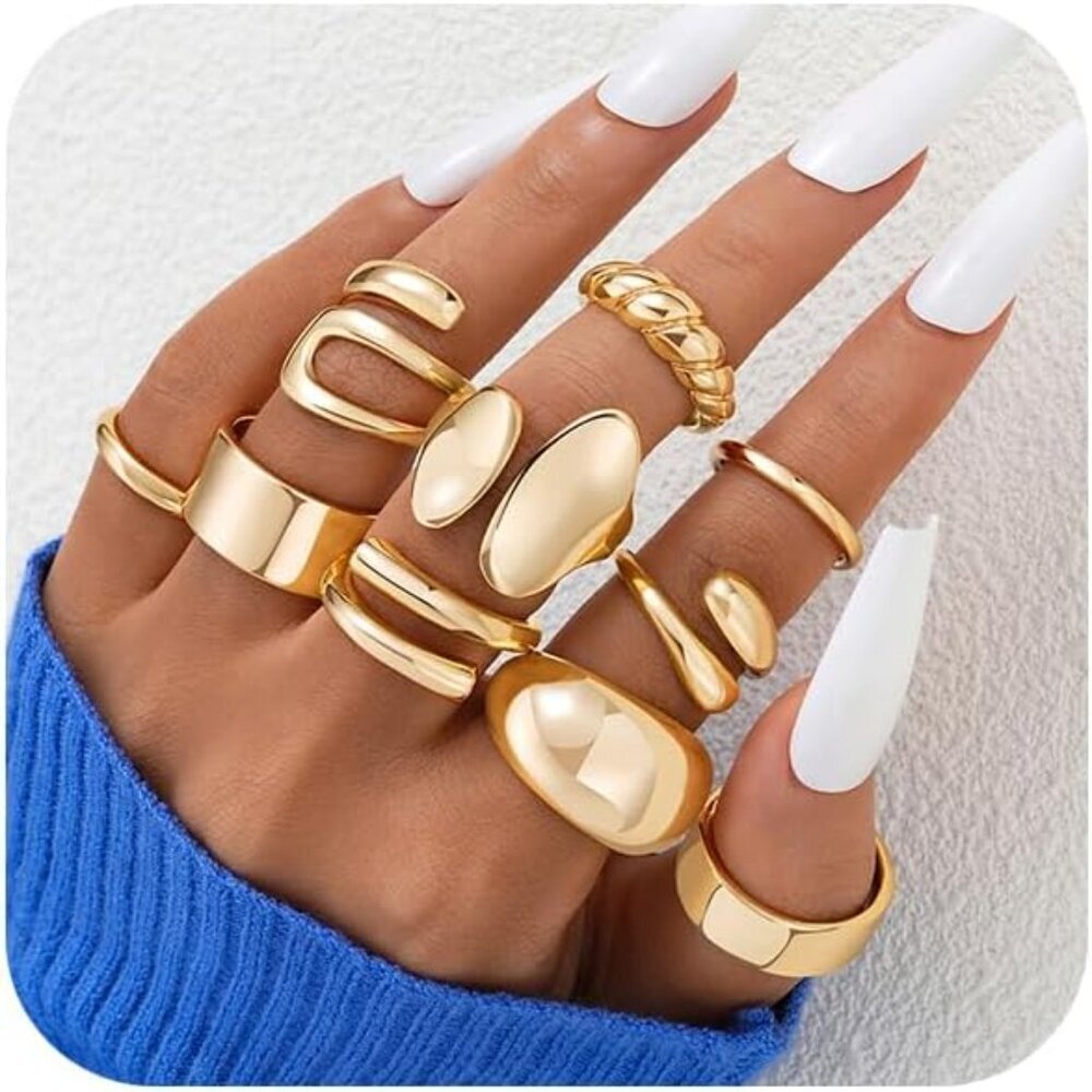 10 Pcs Gold Rings Set For Women Non Tarnish, 18k Gold Plated Chunky Stackable Ri